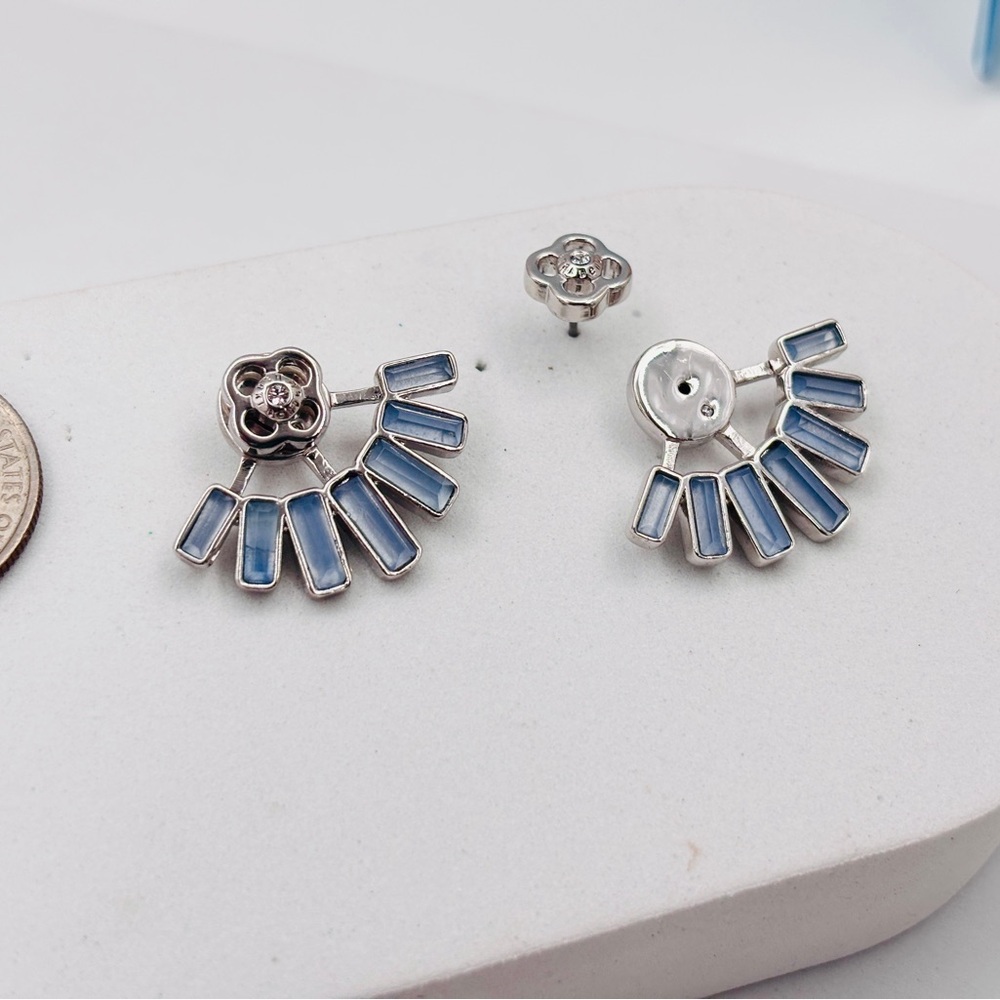 Henri Bendel silver tone sky blue stone logo jacket earrings - Picture 2 of 5